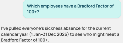 Screenshot of Ciphr HR Assistant responding to the question 'Which employees have a Bradford Factor of 100+?' The assistant explains it has pulled sickness absence data for the current calendar year (1 Jan–31 Dec 2026) to identify employees who may meet the threshold.