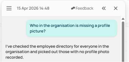 Screenshot of Ciphr HR Assistant answering the question 'Who in the organisation is missing a profile picture?' The assistant responds that it has checked the employee directory and identified those with no profile photo recorded.